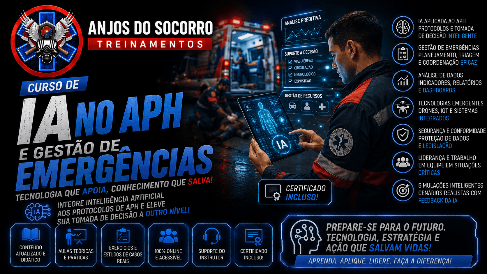 Capa do curso IA NO APH E GESTÃO DE EMERGÊNCIAS – CAPACITAÇÃO PROFISSIONAL